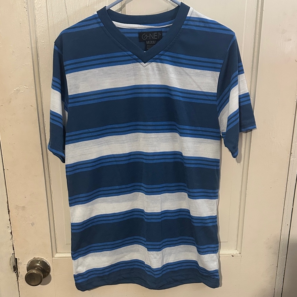 Men's V-Neck Striped Tee - Navy and White